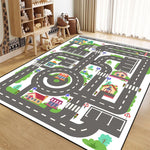 Tapis de jeu en forme de ville avec routes, maisons et arbres, conçu pour stimuler l'imagination et la créativité des enfants lors du jeu.