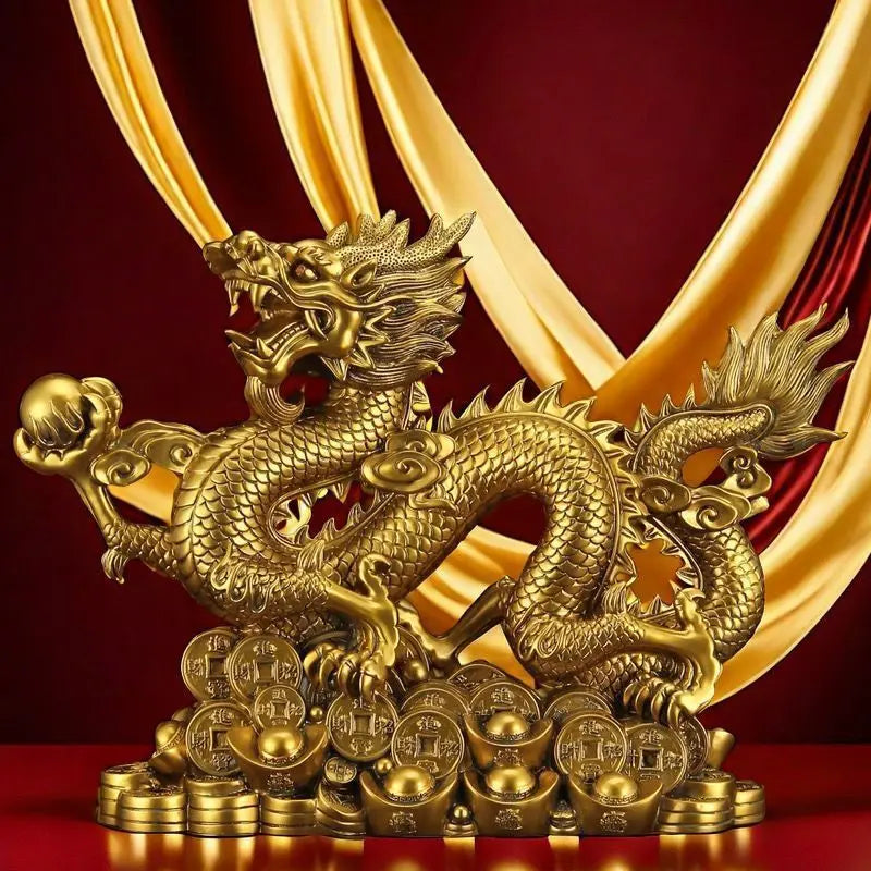 statue dragon doré feng shui pièce ancienne or rouge émailléintérieur décoration maison traditionnelle chinese