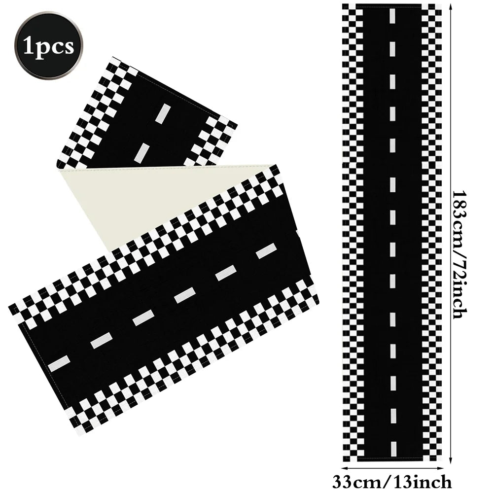 nappe carreaux route course blanche noire anniversaire enfant décoration événement festive originaleversible tissu