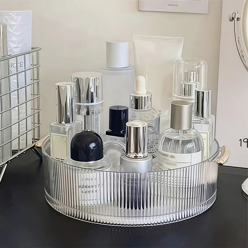 organisateur cosmétiques transparent moderne poignées dorées flacons lotion parfum crème nettoyant sérum baume moussant