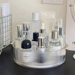 organisateur cosmétiques transparent moderne poignées dorées flacons lotion parfum crème nettoyant sérum baume moussant