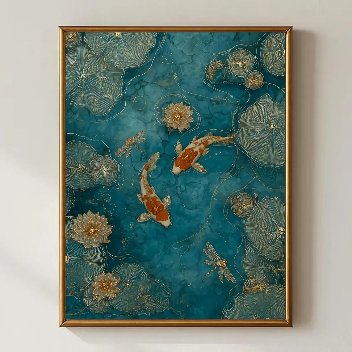 affiche contemporaine poissons koï lotus doré libellules japonais verte emeraude