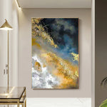 tableau abstrait moderne peintures l'huile noir bleu gris orange blanc toile rectangle vertical sans