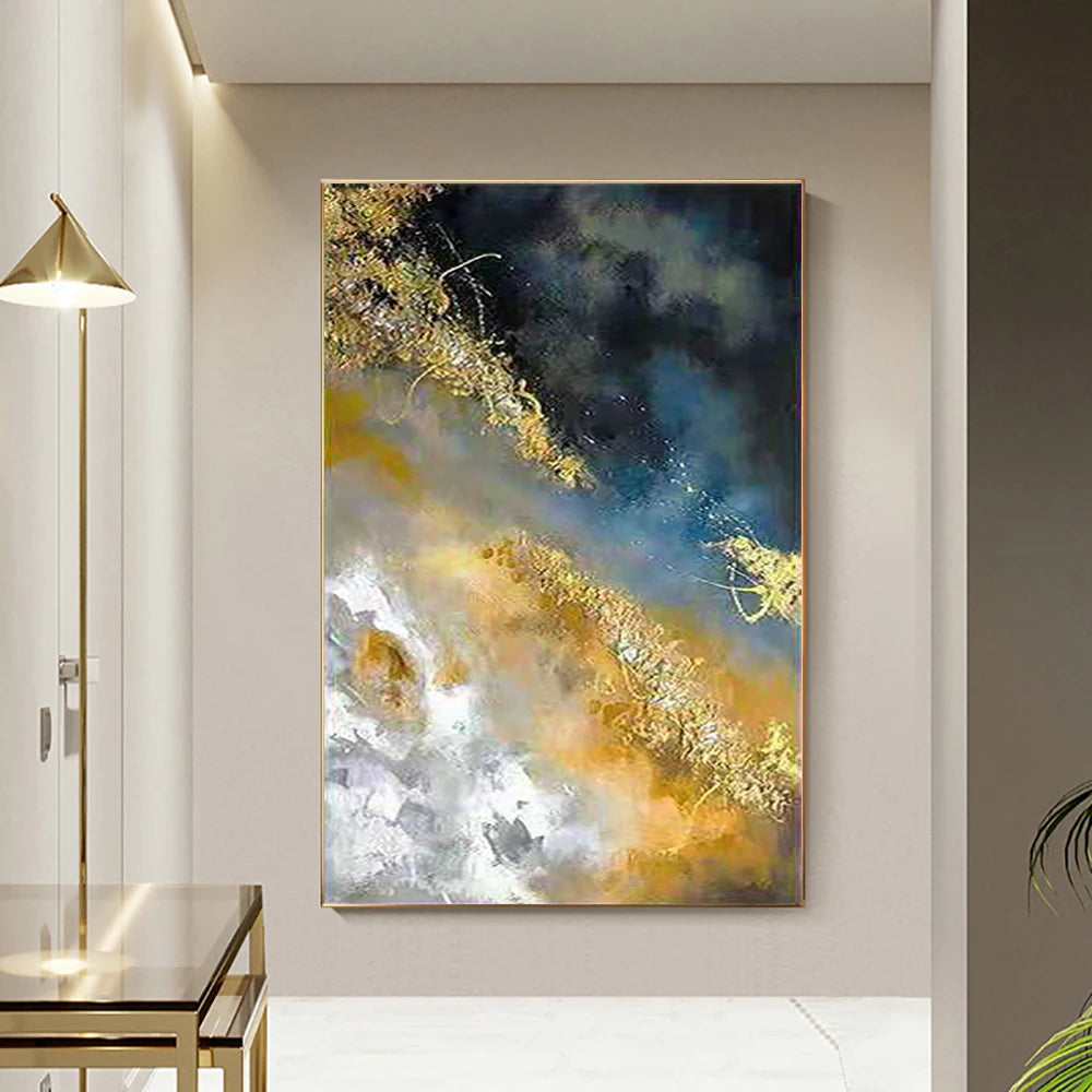 tableau abstrait moderne peintures l'huile noir bleu gris orange blanc toile rectangle vertical sans