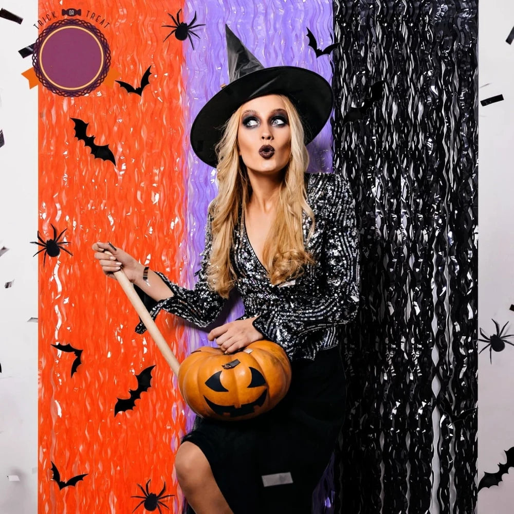 rideau décoratif halloween orange violet noir rayures chauves souris araignées adhésif opacité festif