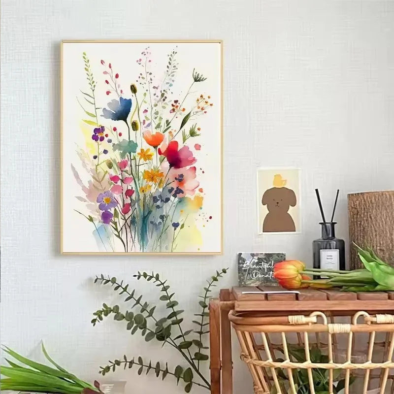 tableau moderne minimaliste multicolore fleurs aquarelle toile cadre bois chambre salon déco sans frame