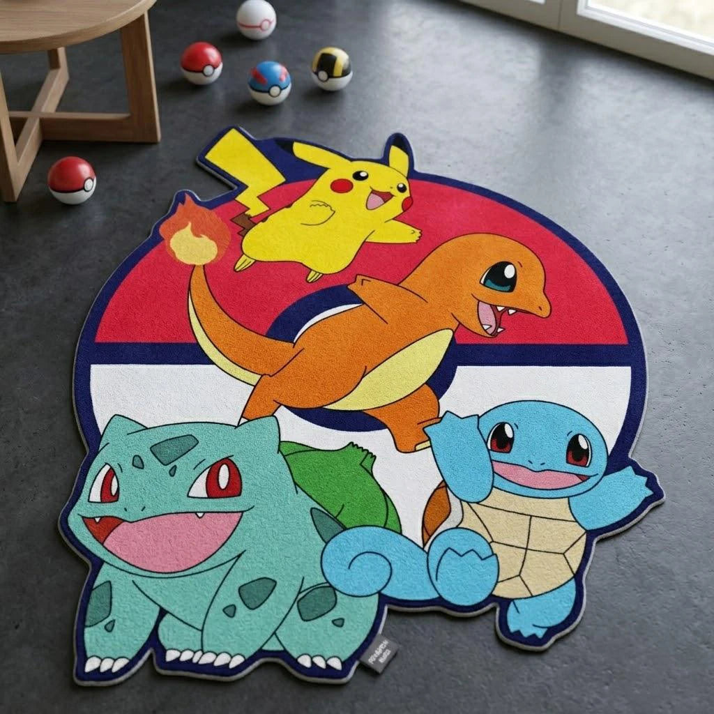 tapis dessin animé pokémon pikachu charmander bulbasaur squirtle rouge bleu vert Jaune orange blanc