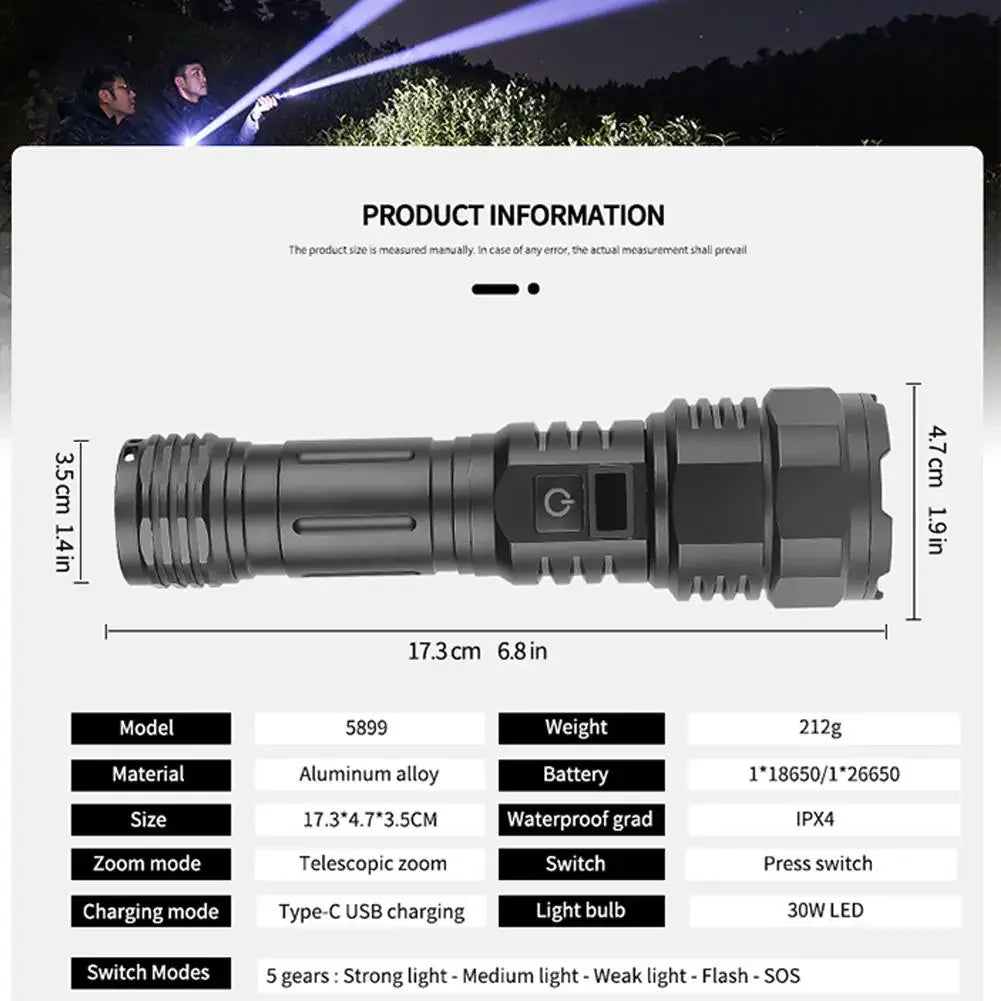 lampe torche rechargeable led noire modes zoom télescopique ipx4 étanche USB