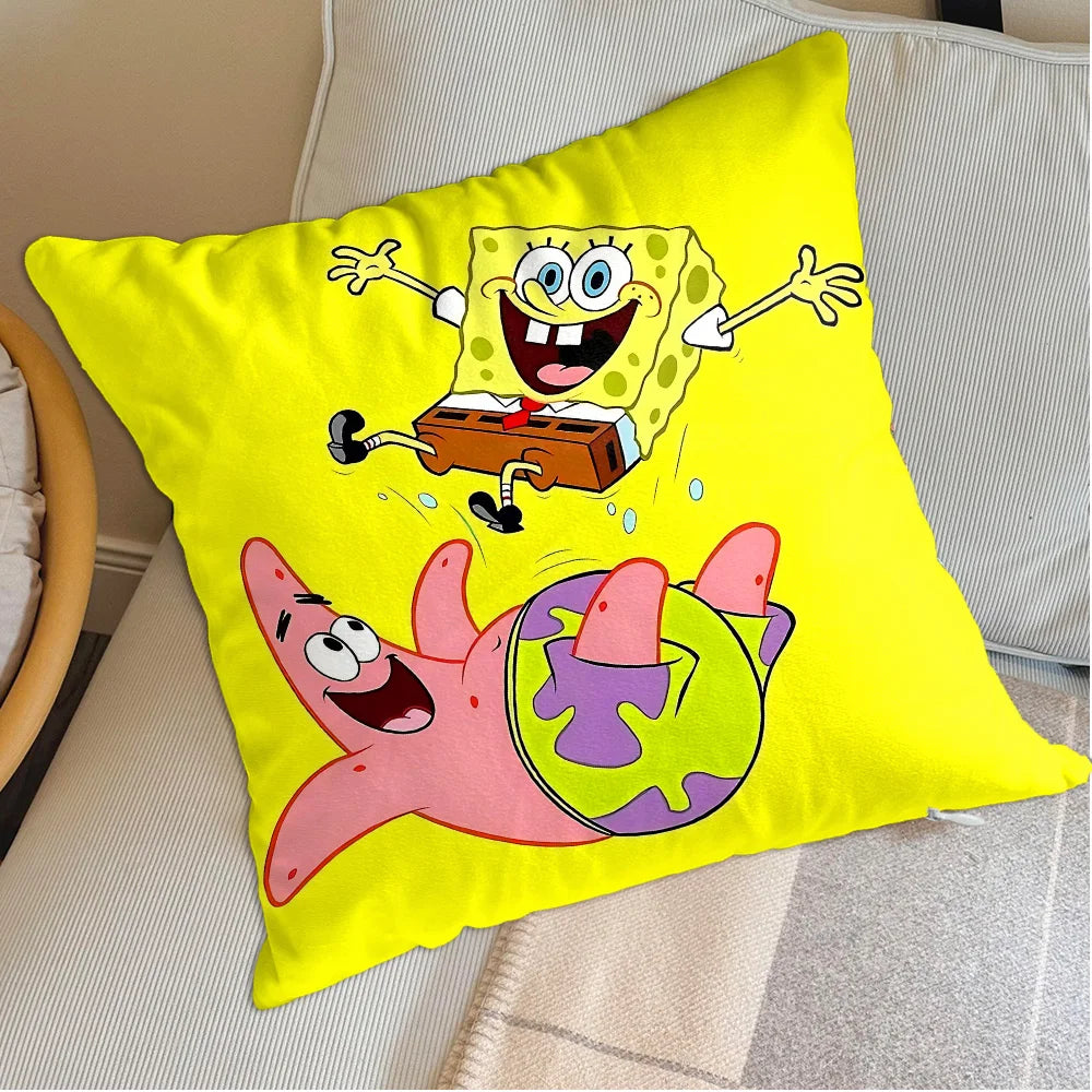 housse coussin carré jaune motif spongebob patrick star décoration salon lit fauteuil enfant cartoon