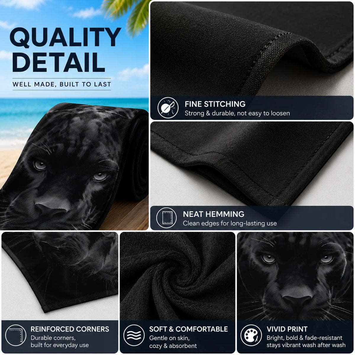 serviette plage imprimé jaguar noir moderne grande taille absorption rapide polyester haute qualité