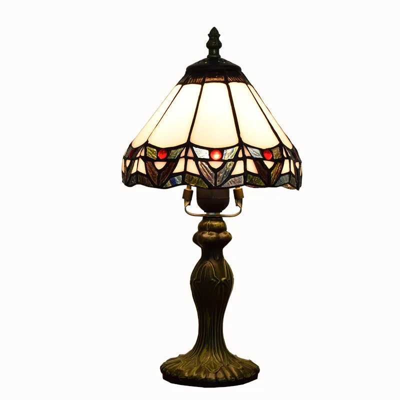 lampe table tiffany verre coloré motifs géométriques vert marron blanc rouge bleu traditionnelle chambre