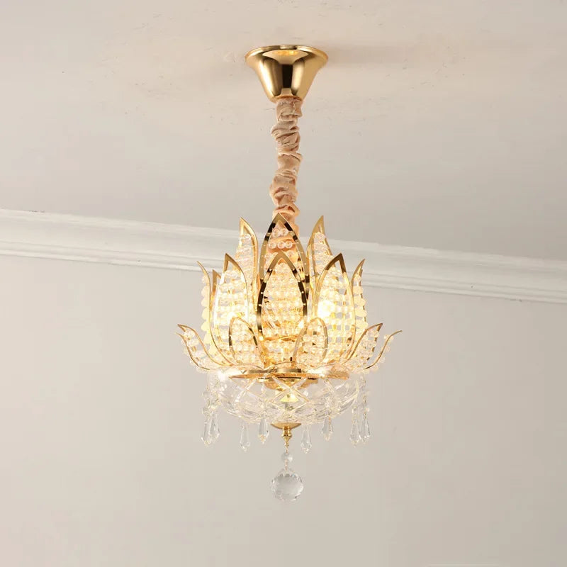 lustre pendentif crystal feuilles lotus doré éclairage led touch switch élégant salon chambre