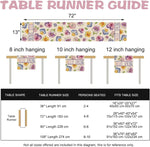 Guide de chemin de table fleuri avec dimensions et conseils d'utilisation pour différentes tailles de table.