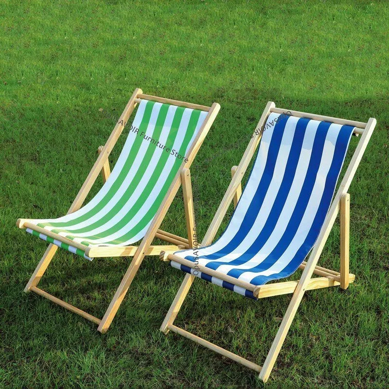 chaise longue pliable bois massif toile rayée plateau d'appoint plage