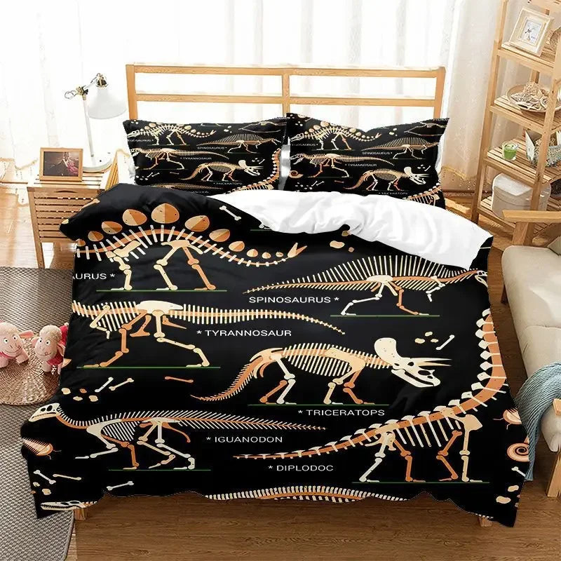 Chambre d'enfant décorée avec housse de couette dinosaure et accessoires