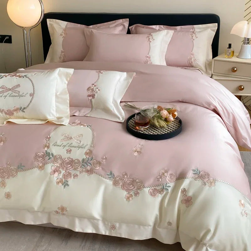 ensemble literie rose clair broderies florales 100 coton satiné élégant full queen king