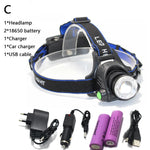 lampe frontale led rechargeable noir bleu rayures diagonales verre transparent mode zoom camping