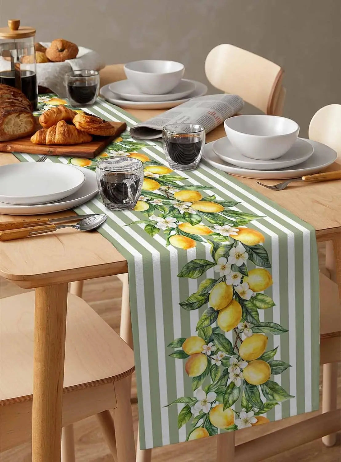 table table lin motif citrons fleurs rayures vertes esté