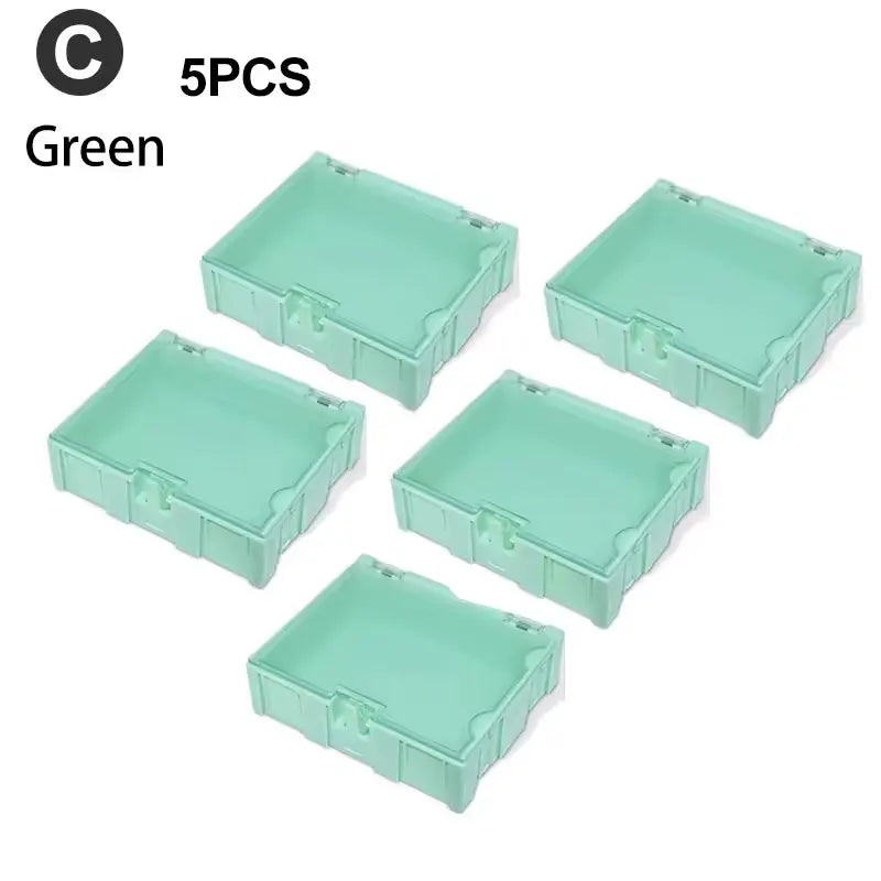 boîtes rangement composants électroniques bleu clair vert rose plastique lisse clips pratique compact
