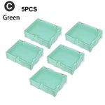 boîtes rangement composants électroniques bleu clair vert rose plastique lisse clips pratique compact