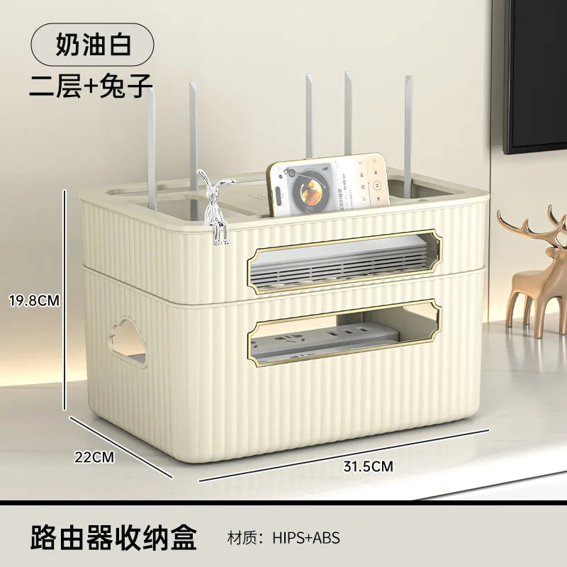 boîte rangement routeur décodeur tv gestion câbles organisateur moderne vert beige épuré