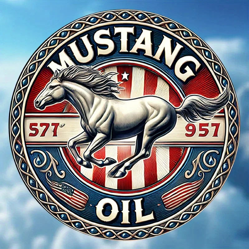 plaque métallique ronde cheval mustang drapeau américain vintage bleu blanc rouge
