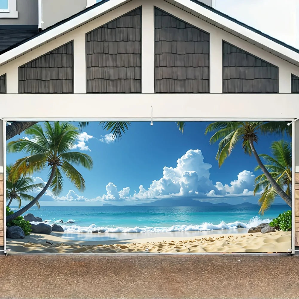 rideau garage plage hawaïenne palmiers eau turquoise moderne opacité occlusions bleu blanc