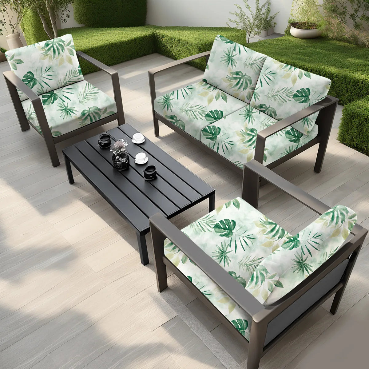 housses canapé extérieur impression tropicale feuilles fleurs gris foncé moderne lavable coussins table basse