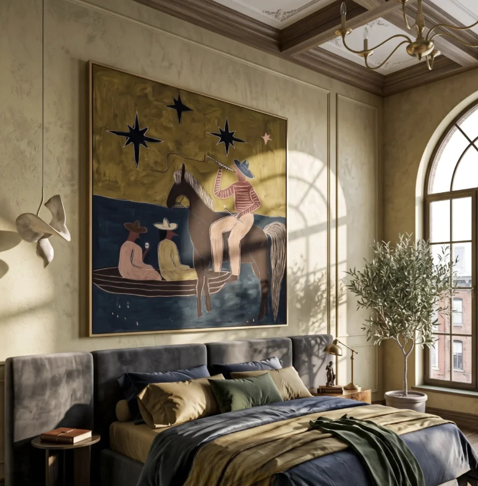 tableau abstrait chevaux étoiles moderne or noir salon chambre coucherDecorationMurale