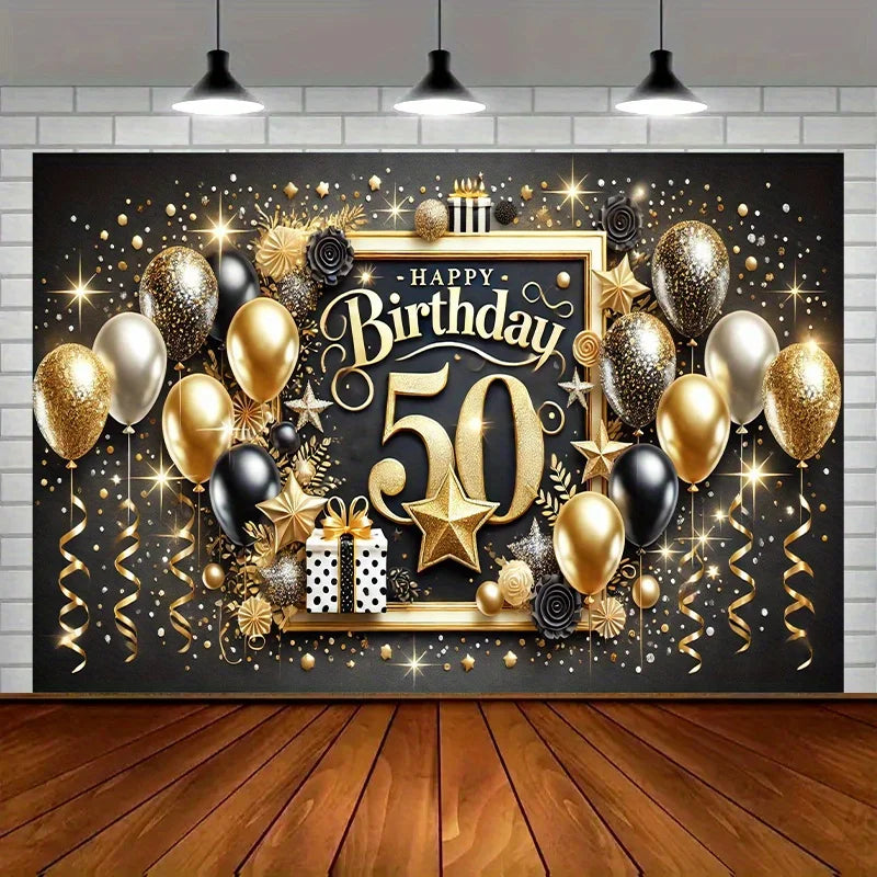 toile art festive ornementations ballons étoiles cadeaux anniversaire 50 noir doré blancDecoration Célébration Anniversaire