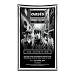 bannière rock vintage oasis logo union jack scène musicale noir rouge bleu