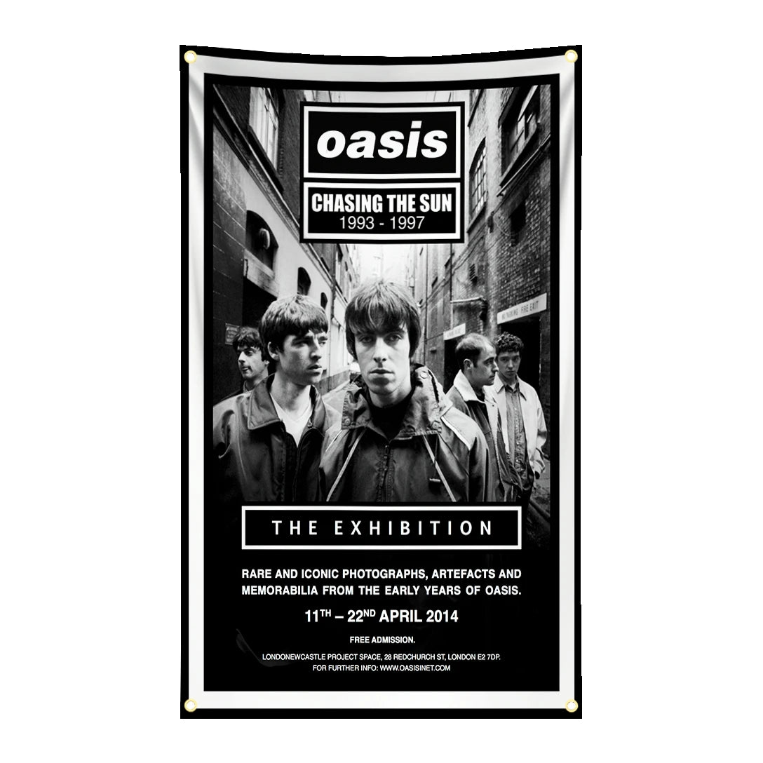 bannière rock vintage oasis logo union jack scène musicale noir rouge bleu