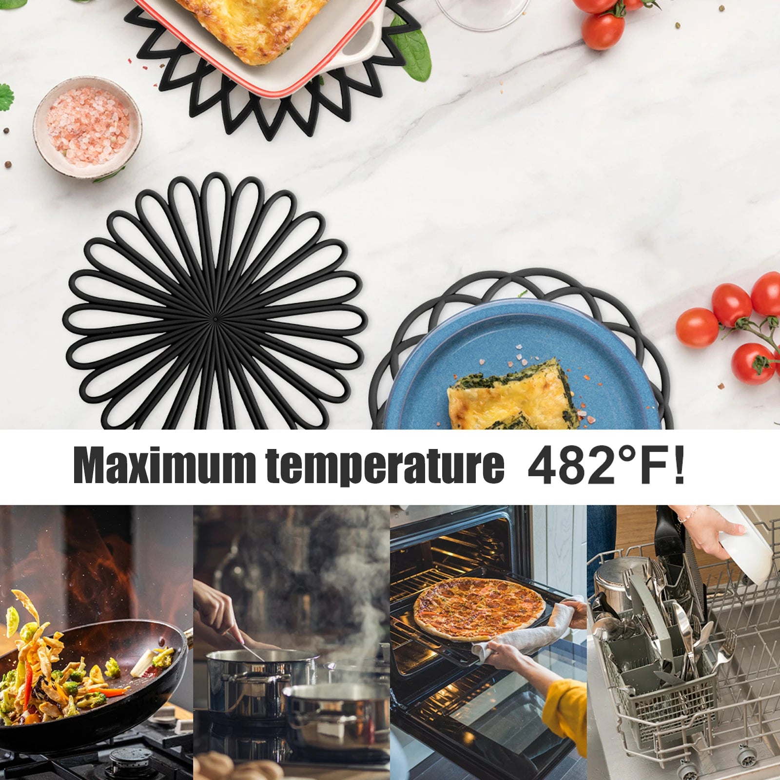 Set complet de dessous de plat en silicone dans différentes couleurs sur un comptoir