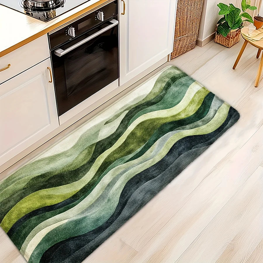 tapis moderne rayures ondulées vert gris imperméable antidérapant bain entrée cuisine exercice oriental 40x60cm