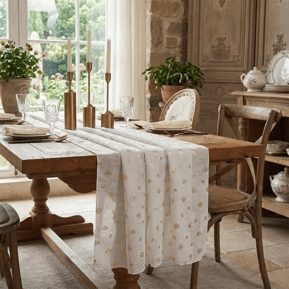 chemin table vert olive motif points dorés classique noël saint valentin nouveau an manger