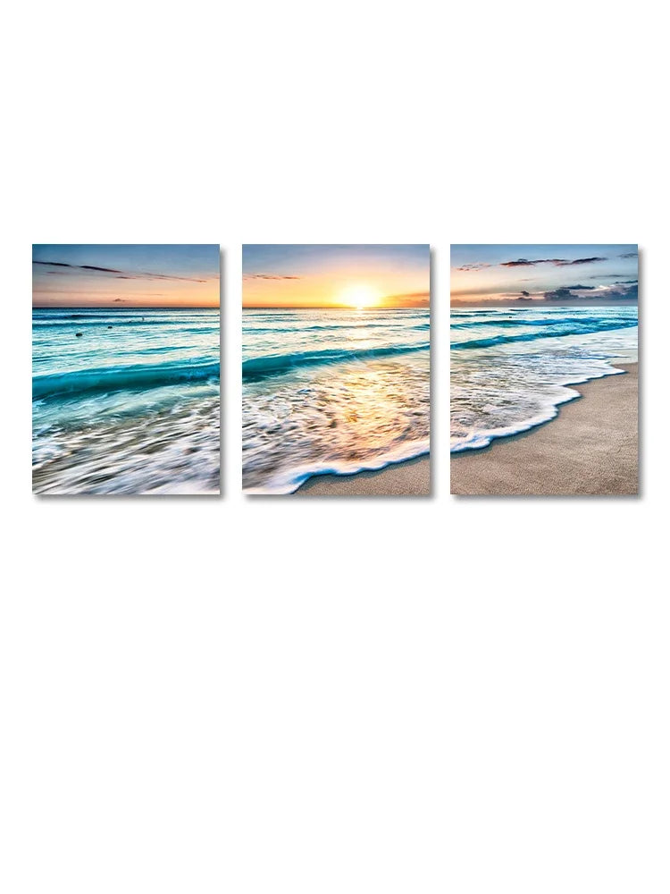 tableaux murals moderne paysagers plage couchersoleil vague sable ciel bleu blanc beige gris orange