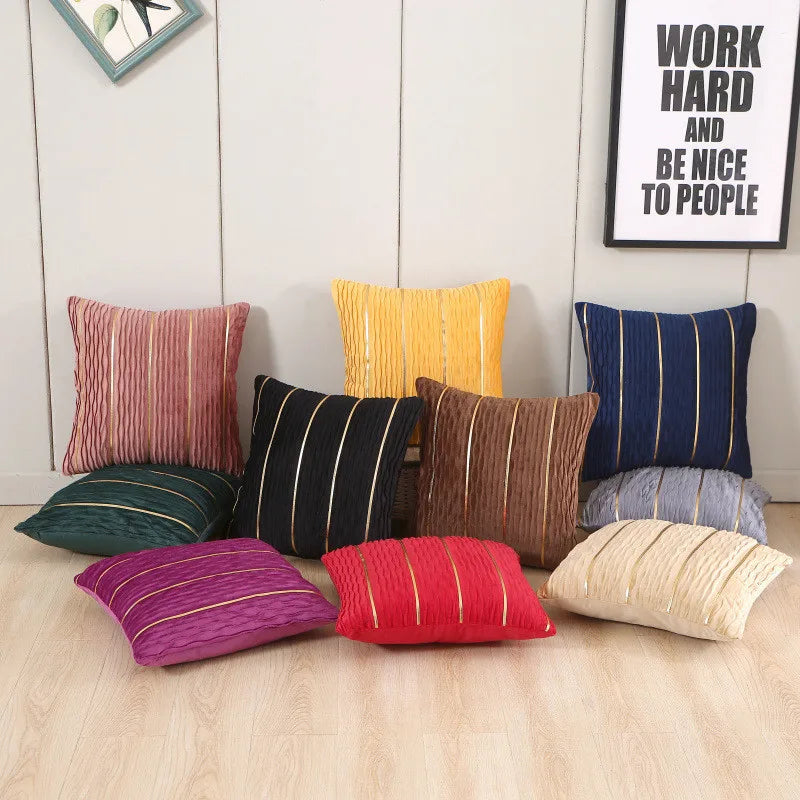 housse coussin velours plissé rayures dorées moderne couleur rouge jaune bleu vert violet rose