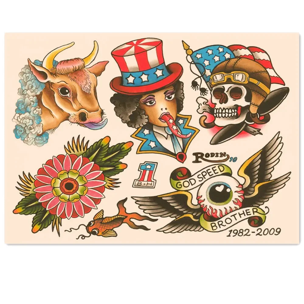 autocollants vintage tatouage multicolores têtes mort fleurs animaux opaques décoration maison stickers muraux traditionnels