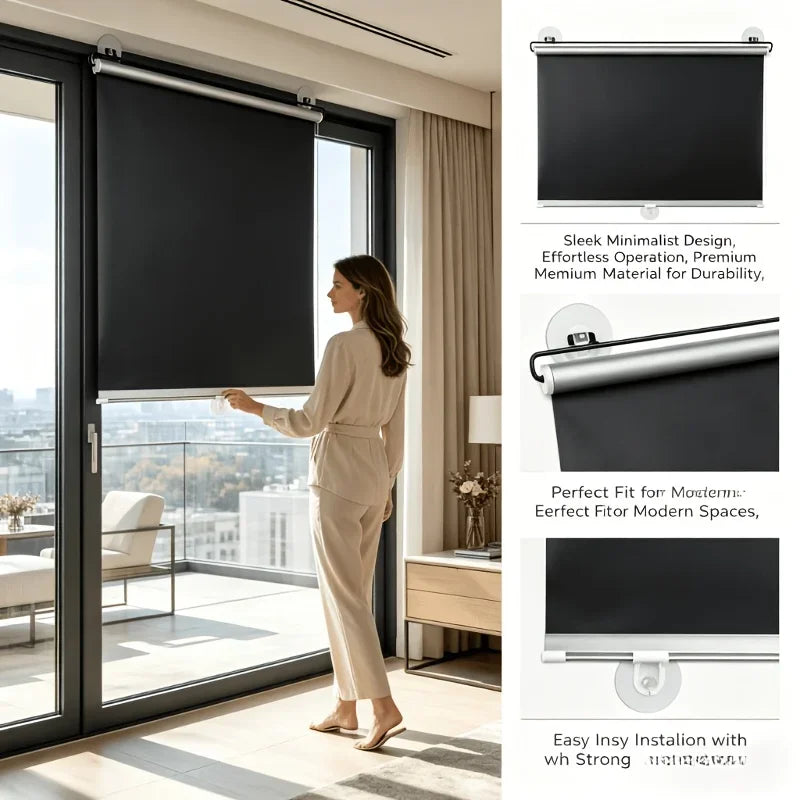 store rouleau noir opacité minimaliste 68x125cm 58x125cm 50x125cm 45x125cm suction cup