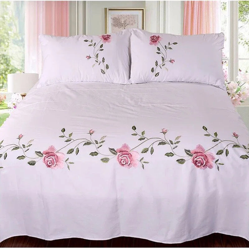 drap lit rose brodé feuilles vertes coton polyester lit adulte classique floralsetSize: 14 words