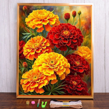 toile broderie fleurs rouge jaune vert art floral package complet aiguille fil écheveau guide