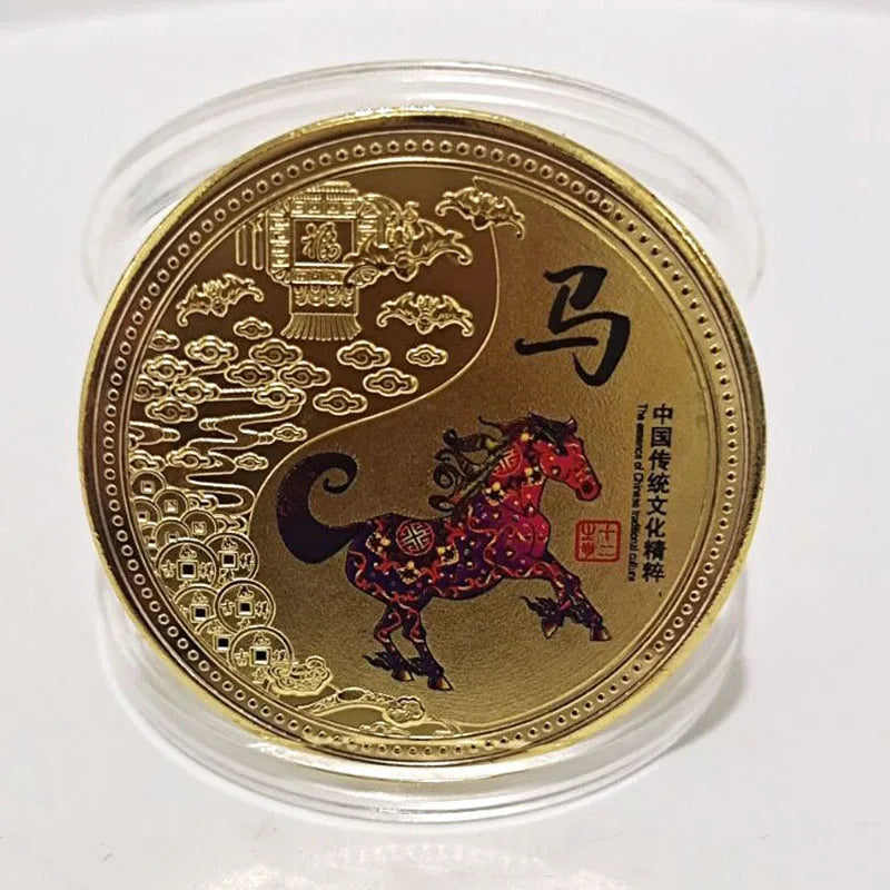 médailles zodiaque chinois animaux symboles yin yang decoration florale or rouge noire bleu verte