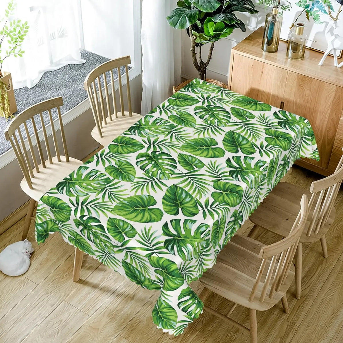 nappe rectangulaire blanche motifs feuilles tropicales fleurs roses décor table manger été exotique