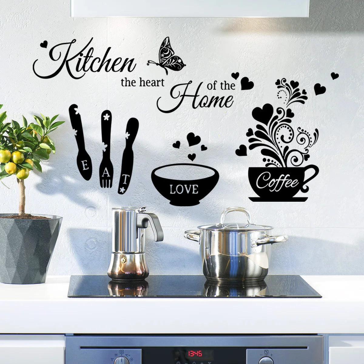 autocollants murals cuisine noir cuillères fourchettes tasses moderne adhésif décoration maison stickers