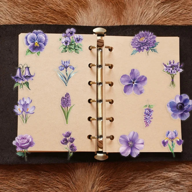 sticker adhésif fleurs violettes vertes décoration creative étanche diy 50 pièces illustration romantique