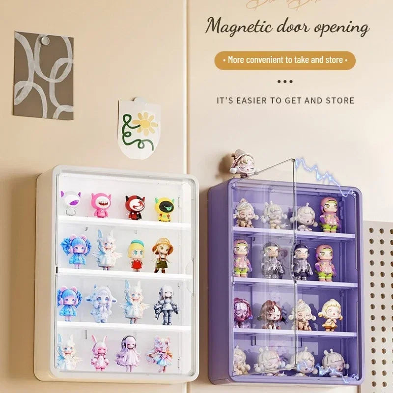 présentoir mural transparent moderne figurines blanc jaune violet anti poussière adhésif organisateur