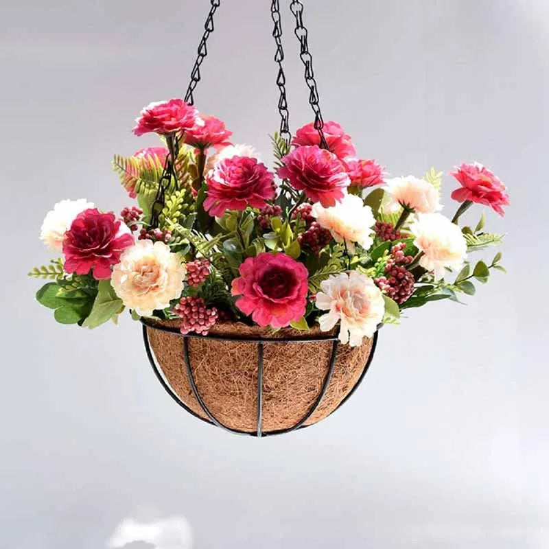 panier suspendu marron clair coquille noix coco cadre fer noir classique rustique crochets métalliques