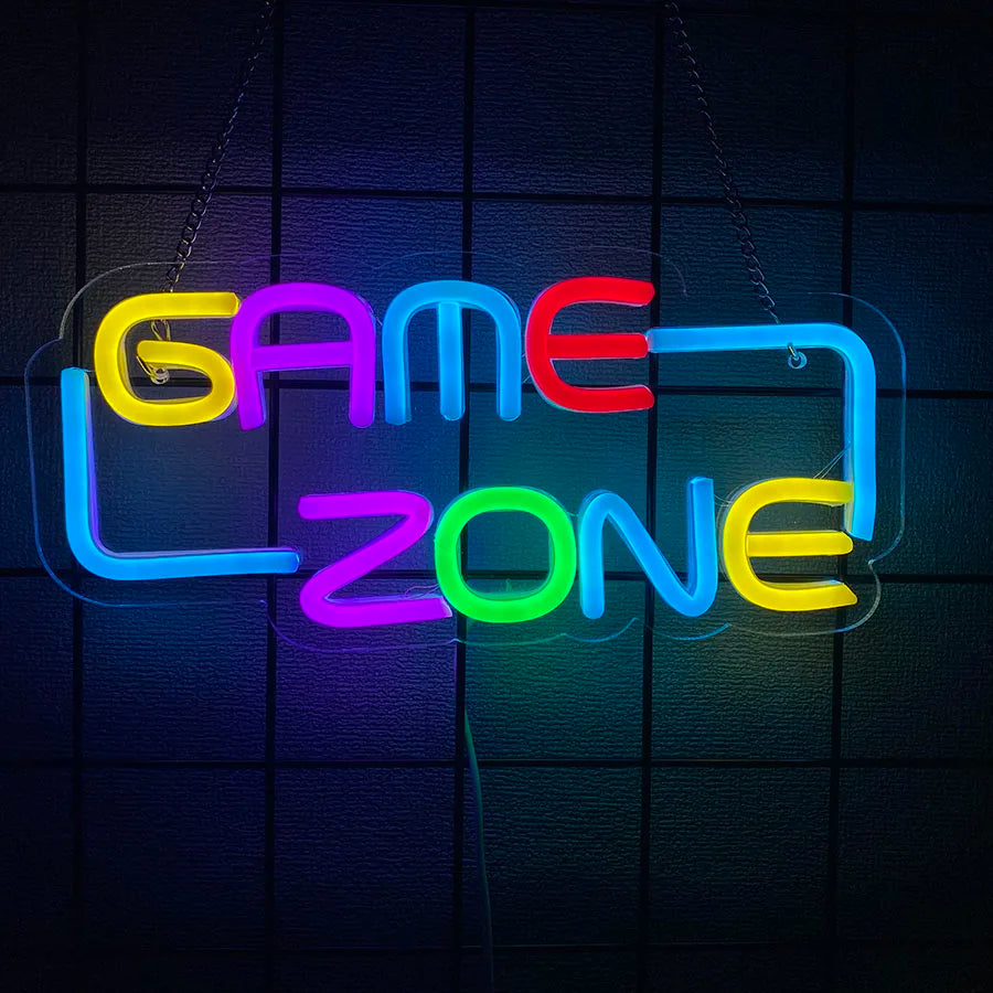 néon lumineux cyberpunk game zone texte abstrait vert bleu jaune rose violet moderne