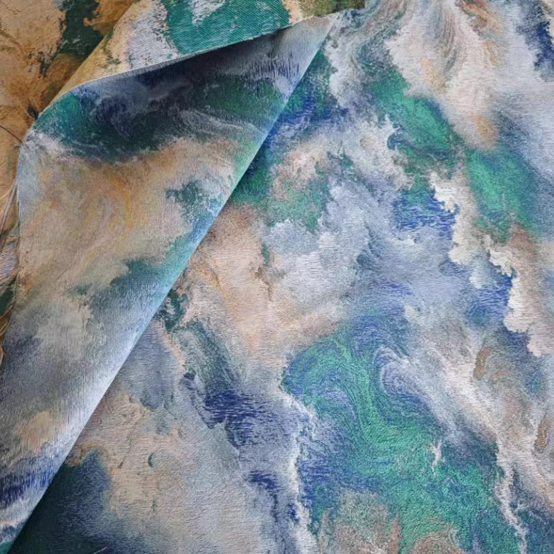 tissu polyester marbré vert bleu beige moderne artistique 150cm large opacité 230g/mètre respirant