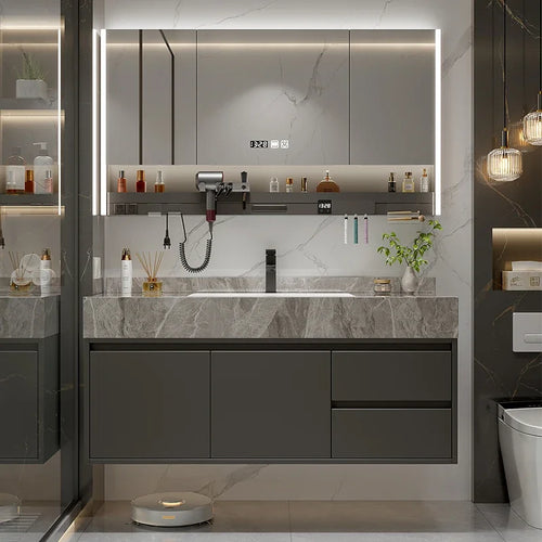 meuble salle bain gris marbre armoire miroir mural moderne étagère bois massif